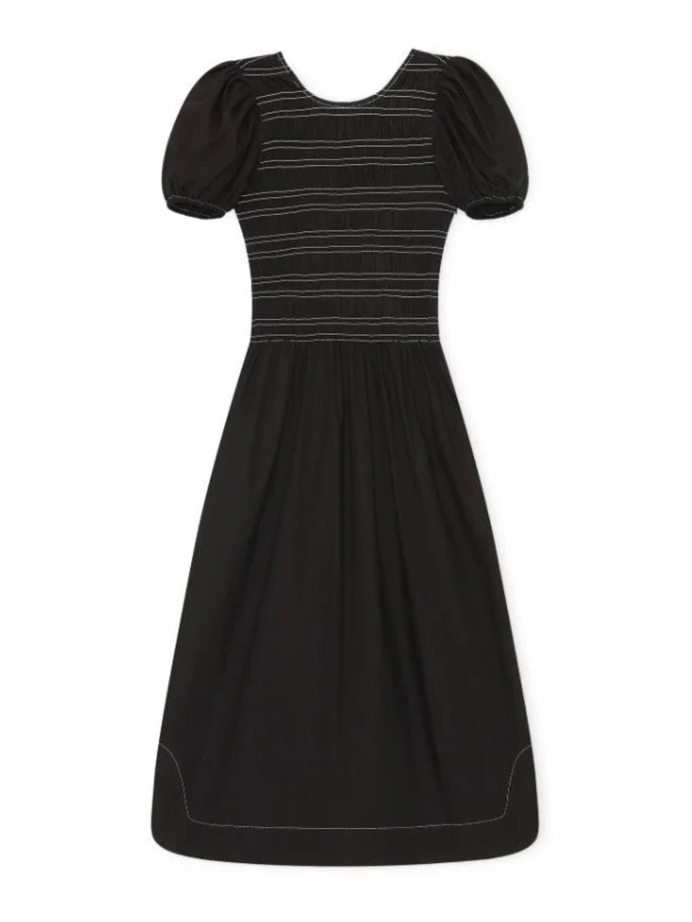 Ganni Black Smocked Maxi Dress with Puff Sleeves